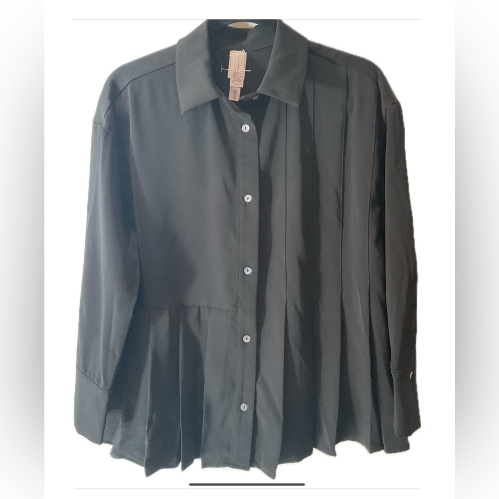 WynneLayers Pleated Button Down Flowy Dark Black Top